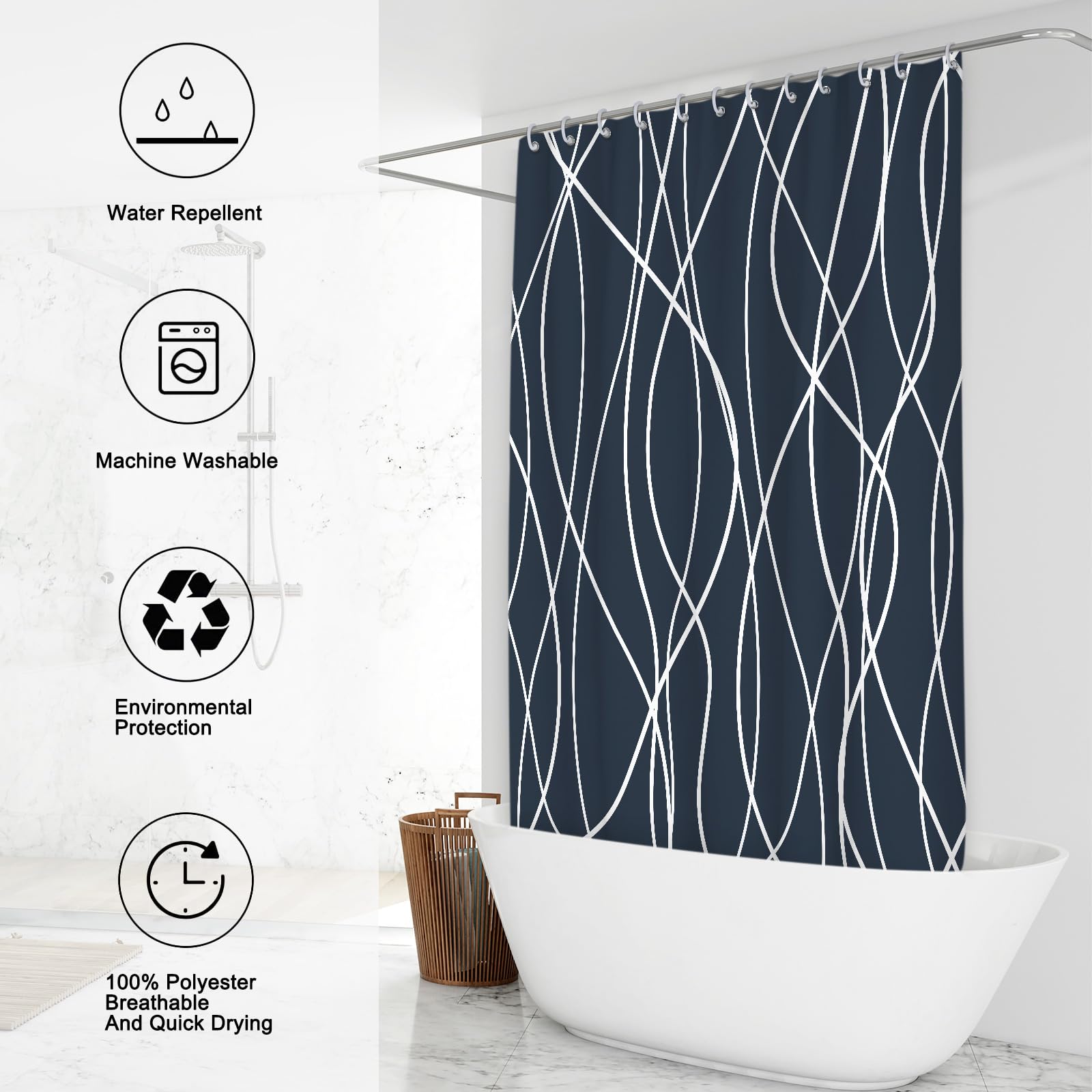 Punkray Aegean Blue Shower Curtain For Bathroom With Hooks,Shower Curtain Set,White Stripe Bath Curtains Decorative Shower Curta